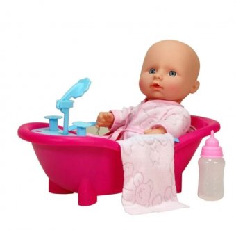 Bebelus de jucarie cu cadita si accesorii de baie, Baby Land, Roz, Inaltimea 21 cm