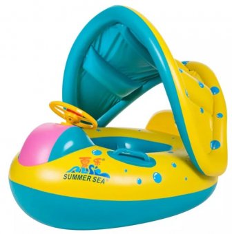 Colac gonflabil Summer Sea cu volan, acoperis si suport pentru copii, model Barcuta