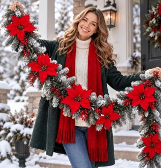  Ghirlandă artificială din brad artificial  de 270 cm cu flori de Poinsettia roșii, ramuri de pin acoperite cu zăpadă și boabe