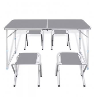 Masa Pliabila Pentru Drumetii, 4 Scaune Inlcuse, Usor de Transportat, Pliere Tip Valiza, dimensiune 120x60/28x23 cm, Gri/Argintiu