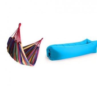 Pachet , Hamac Cu Prindere De Copac , ILOGi , Rosu Multicolor , Dimensiuni 200 x 180 + Lazy Bag Albastru