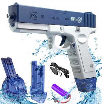 Pistol electric cu apa, Bedee, 10m raza, 2 clip, incarcare USB, 500mAh, Foc rapid automat, 20.5 x 16 x 3 cm, Albastru