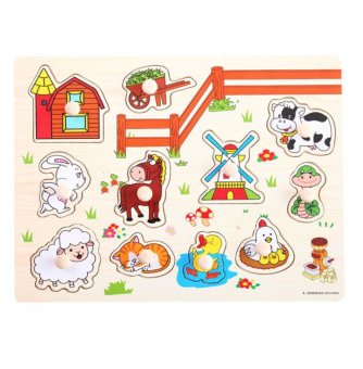 Puzzle educativ pentru copii, din lemn, piese cu maner, tema animale domestice