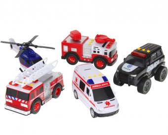 Set 5 Masini de Urgenta, City Defender, Include Masina de Pompieri, Ambulanta, Elicopter, Roti de Cauciuc, cu Lumini si Sunete, Multicolor