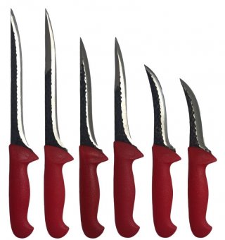 Set 6 cutite profesionale macelarie, 2 Cutite injunghiat 25 cm, 2 Cutite injunghiat 20 cm, 2 Cutite dezosat filetat lama curbata