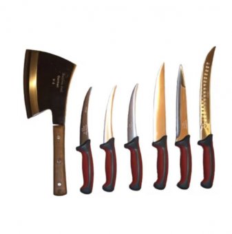 Set 7 unelte profesionale macelarie,  cutit injunghiat, cutit filetat, cutit transat, 3 cutite dezosat, satar, otel