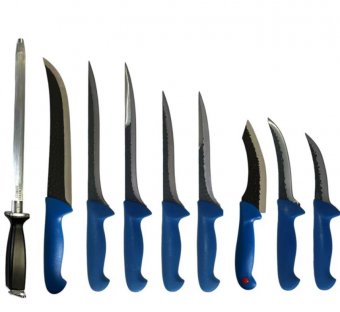 Set 9 cutite profesionale macelarie, 1 cutitul macelarului, 2 Cutite injunghiat 25 cm, 2 Cutite injunghiat 20 cm, 3 Cutite dezosat filetat lama curbata