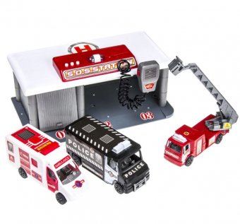 Set de joaca statie S.O.S functionala cu masina de Politie, Ambulanta si Pompieri