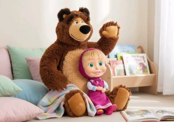 Set jucarii de plus Masha and The Bear, papusa Masha 23 cm si ursulet de plus 43 cm
