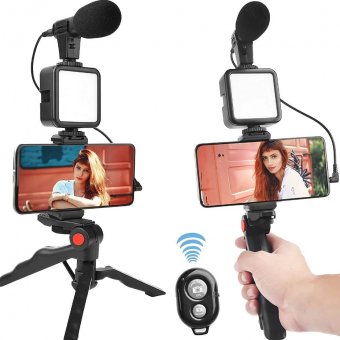 Set pentru Vlogging/Streaming, trepied, microfon, suport telefon, lumina LED