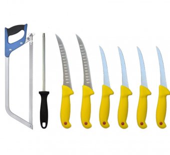 Set Profesional macelar format din 4 Cutite dezosat, 2 cutite filetat prevazute cu alveole, Galben + Masat 20cm + Fierastrau Oase