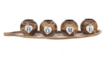 Set suport lumanari din lemn cu 4 cupe rotunde si mesaj HOME, maro, 51 cm
