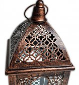 Felinar decorativ, metalic, broz antichizat cu sticla si usita pentru lumanare, 31 cm x 12.5 cm