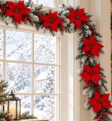  Ghirlandă artificială din brad artificial  de 270 cm cu flori de Poinsettia roșii, ramuri de pin acoperite cu zăpadă și boabe