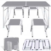 Masa Pliabila Pentru Drumetii, 4 Scaune Inlcuse, Usor de Transportat, Pliere Tip Valiza, dimensiune 120x60/28x23 cm, Gri/Argintiu