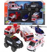 Set 5 Masini de Urgenta, City Defender, Include Masina de Pompieri, Ambulanta, Elicopter, Roti de Cauciuc, cu Lumini si Sunete, Multicolor