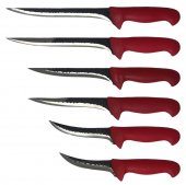 Set 6 cutite profesionale macelarie, 2 Cutite injunghiat 25 cm, 2 Cutite injunghiat 20 cm, 2 Cutite dezosat filetat lama curbata
