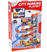 Set Joaca pentru Copii Parcare cu 4 Nivele City Parking cu 4 Masinute Incluse si Elicopter, Heliport, Rampa de Coborare, Spalatorie, Acces cu Bariera si Benzinarie