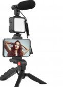 Set pentru Vlogging/Streaming, trepied, microfon, suport telefon, lumina LED